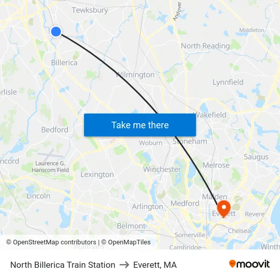 North Billerica Train Station to Everett, MA map