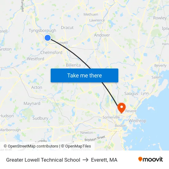 Greater Lowell Technical School to Everett, MA map