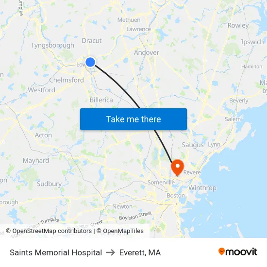 Saints Memorial Hospital to Everett, MA map
