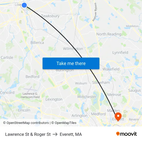 Lawrence St & Roger St to Everett, MA map
