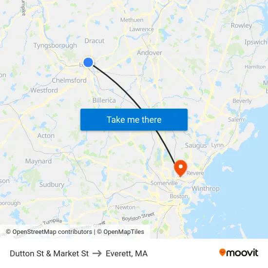 Dutton St & Market St to Everett, MA map
