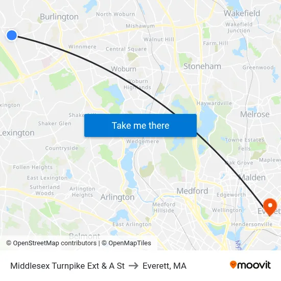 Middlesex Turnpike Ext & A St to Everett, MA map