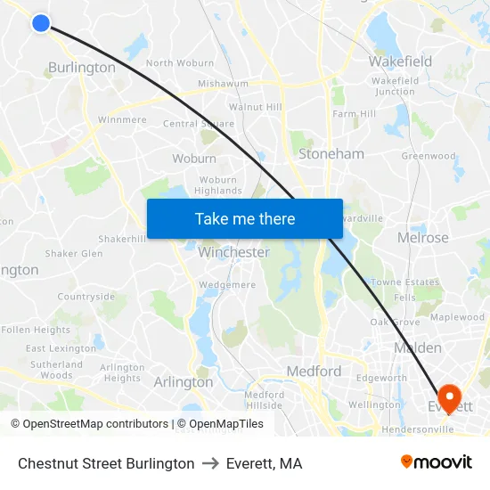 Chestnut Street Burlington to Everett, MA map