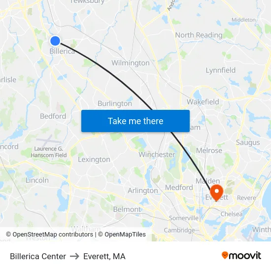 Billerica Center to Everett, MA map