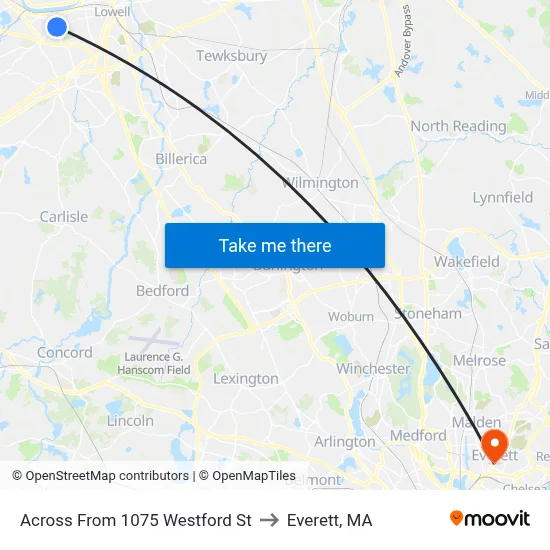 Across From 1075 Westford St to Everett, MA map
