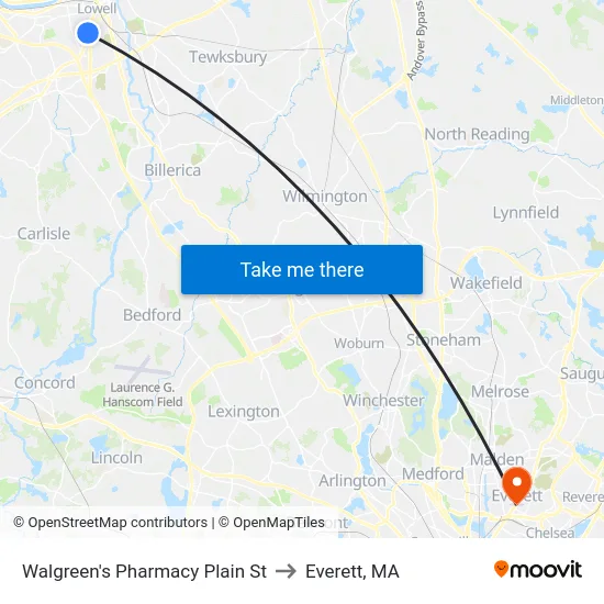 Walgreen's Pharmacy Plain St to Everett, MA map