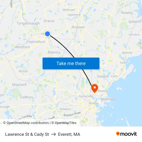 Lawrence St & Cady St to Everett, MA map