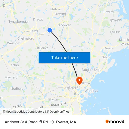 Andover St & Radcliff Rd to Everett, MA map