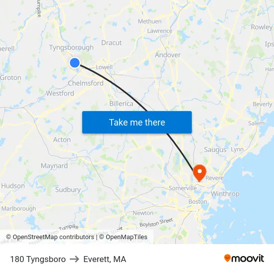 180 Tyngsboro to Everett, MA map