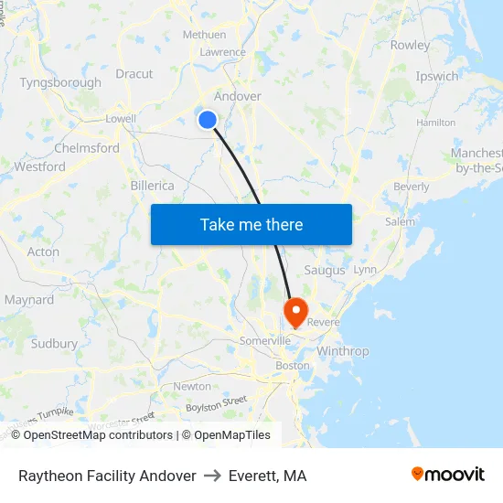 Raytheon Facility Andover to Everett, MA map