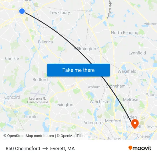 850 Chelmsford to Everett, MA map