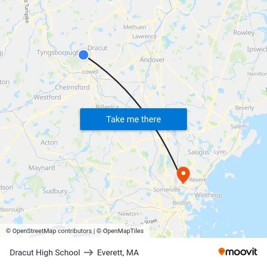 Dracut High School to Everett, MA map