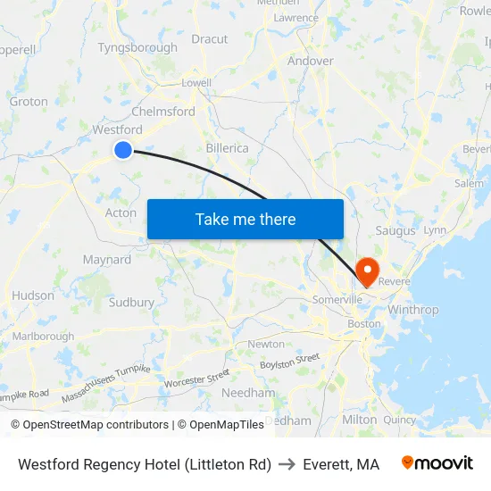 Westford Regency Hotel (Littleton Rd) to Everett, MA map