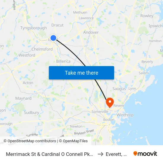 Merrimack St & Cardinal O Connell Pkwy to Everett, MA map
