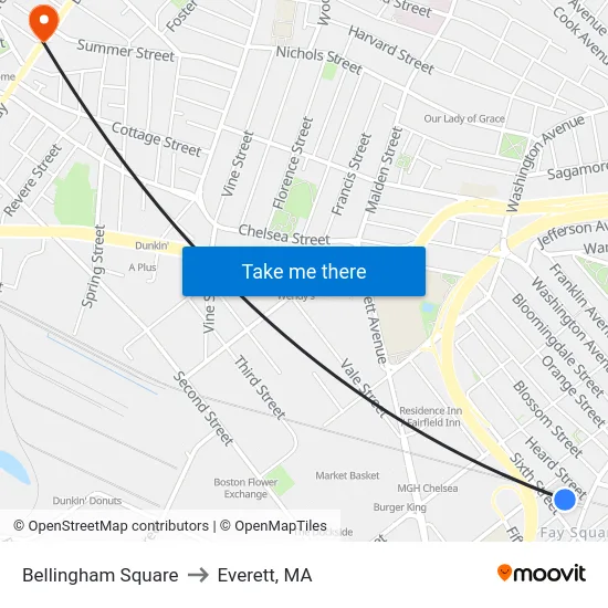 Bellingham Square to Everett, MA map