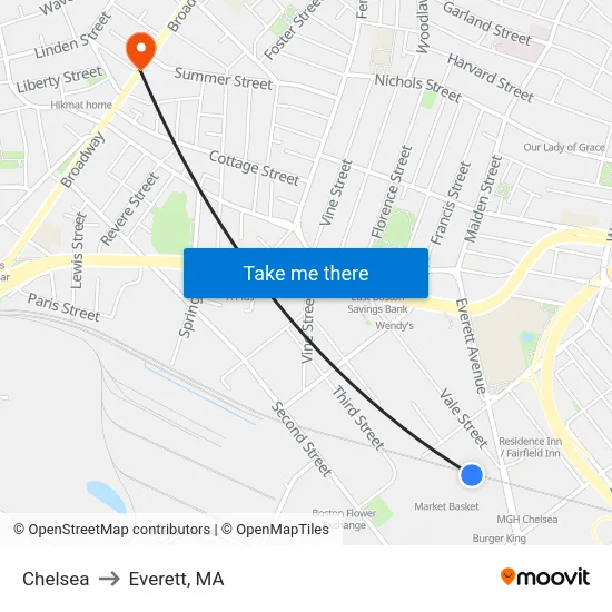 Chelsea to Everett, MA map