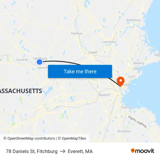 78 Daniels St, Fitchburg to Everett, MA map