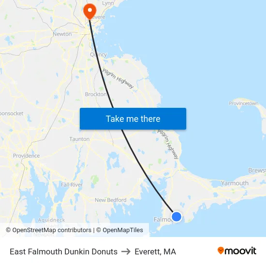 East Falmouth Dunkin Donuts to Everett, MA map