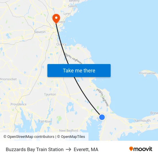 Buzzards Bay Train Station to Everett, MA map