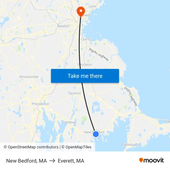 New Bedford, MA to Everett, MA map