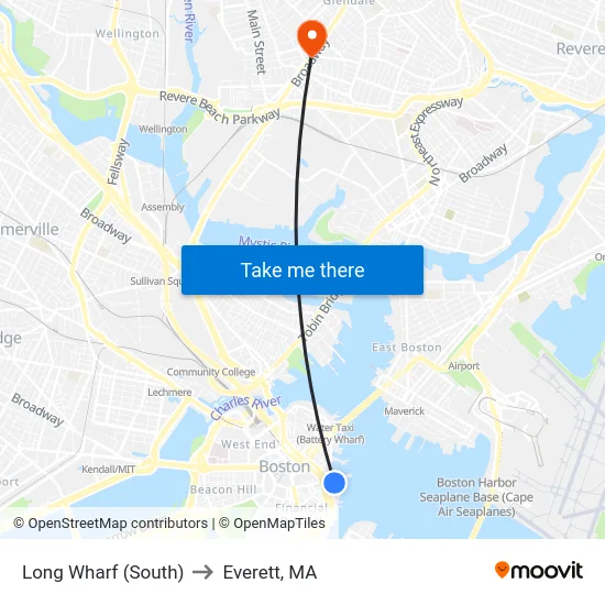 Long Wharf (South) to Everett, MA map