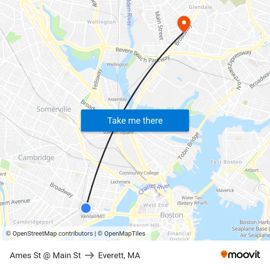 Ames St @ Main St to Everett, MA map