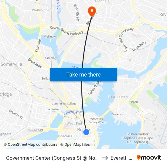 Government Center (Congress St @ North St) to Everett, MA map