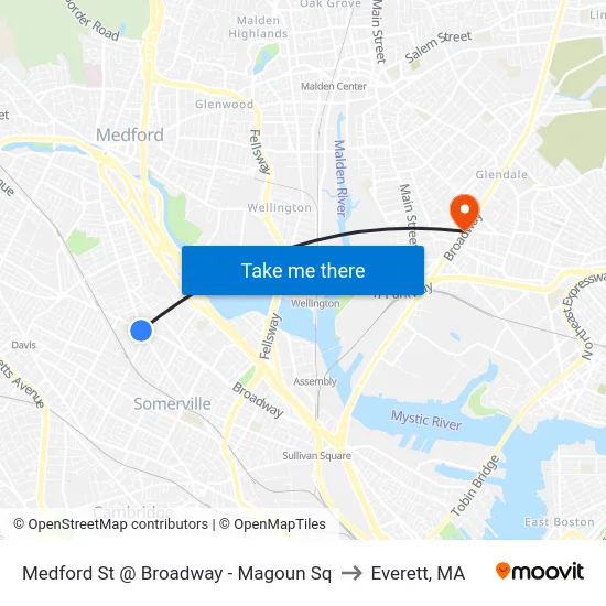 Medford St @ Broadway - Magoun Sq to Everett, MA map
