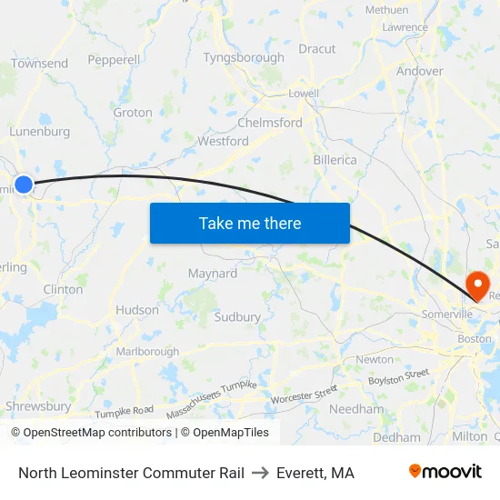 North Leominster Commuter Rail to Everett, MA map