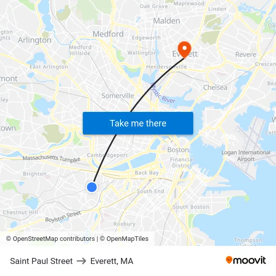 Saint Paul Street to Everett, MA map