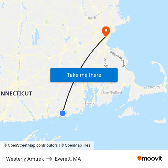 Westerly Amtrak to Everett, MA map