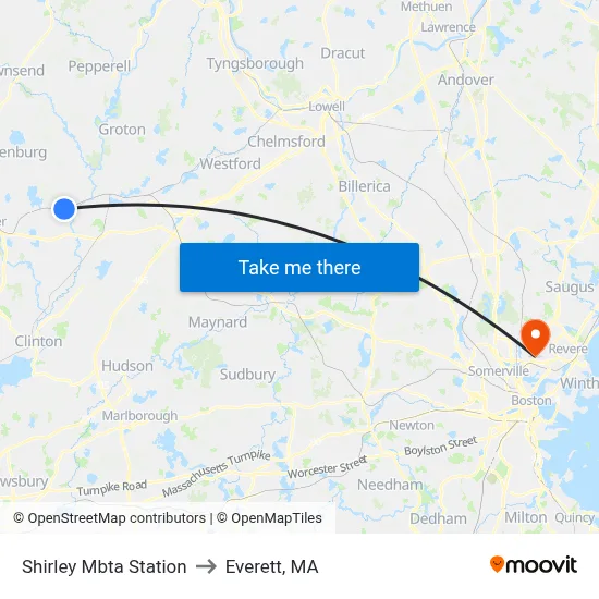 Shirley Mbta Station to Everett, MA map