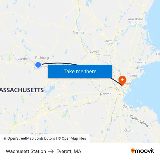 Wachusett Station to Everett, MA map