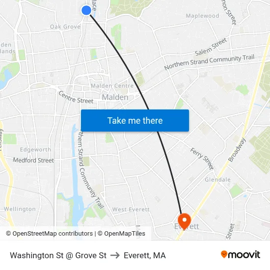Washington St @ Grove St to Everett, MA map