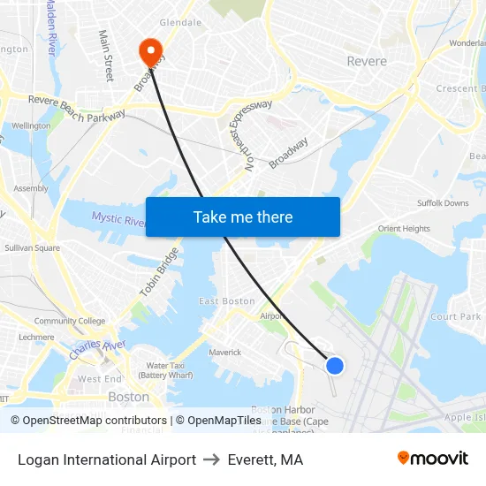 Logan International Airport to Everett, MA map