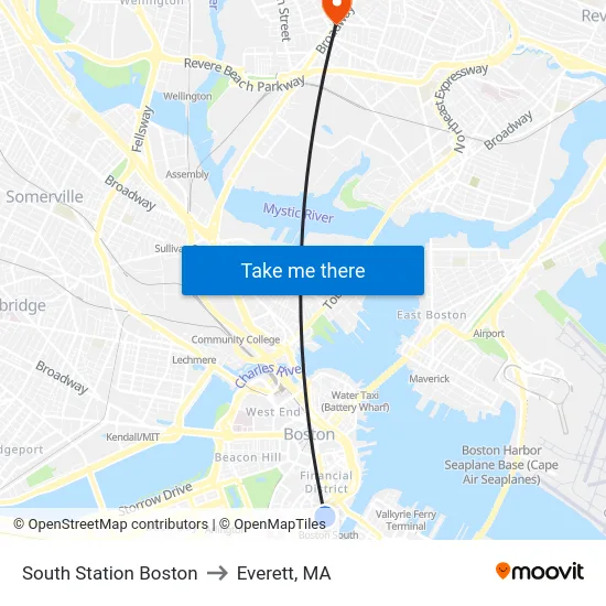 South Station Boston to Everett, MA map