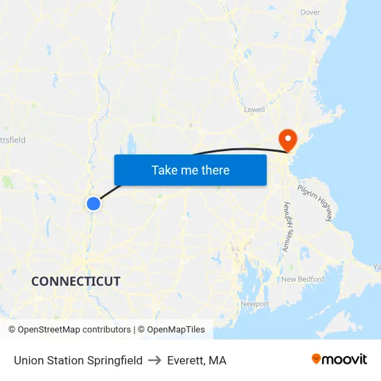 Union Station Springfield to Everett, MA map