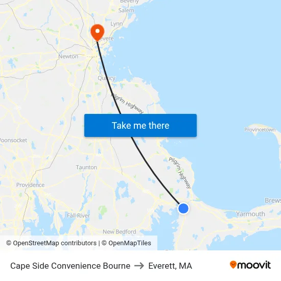 Cape Side Convenience Bourne to Everett, MA map