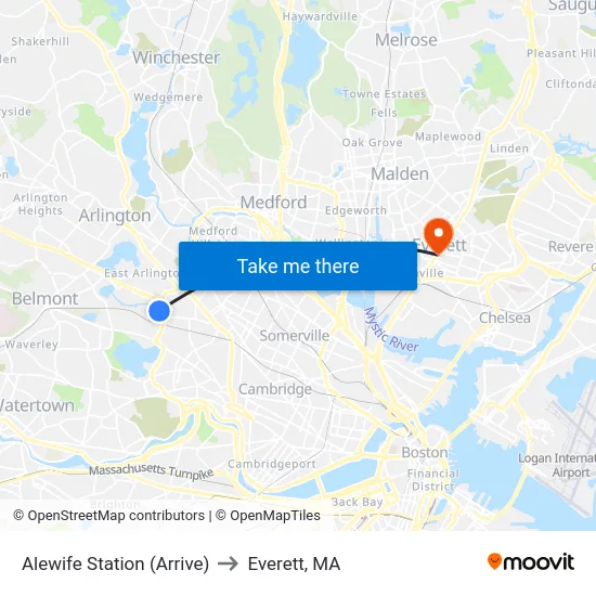 Alewife Station (Arrive) to Everett, MA map