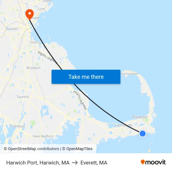 Harwich Port, Harwich, MA to Everett, MA map