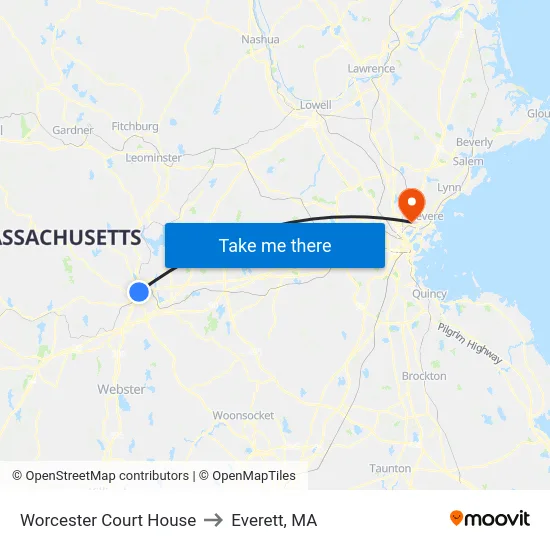 Worcester Court House to Everett, MA map