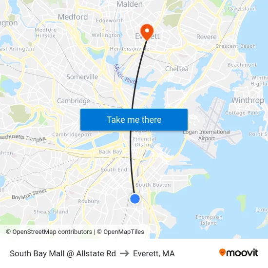 South Bay Mall @ Allstate Rd to Everett, MA map