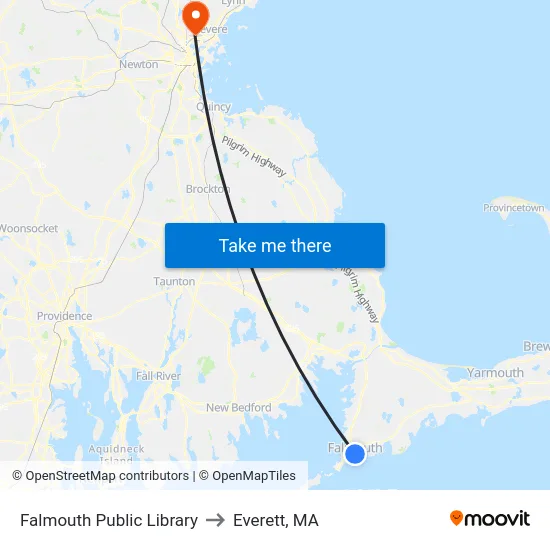 Falmouth Public Library to Everett, MA map