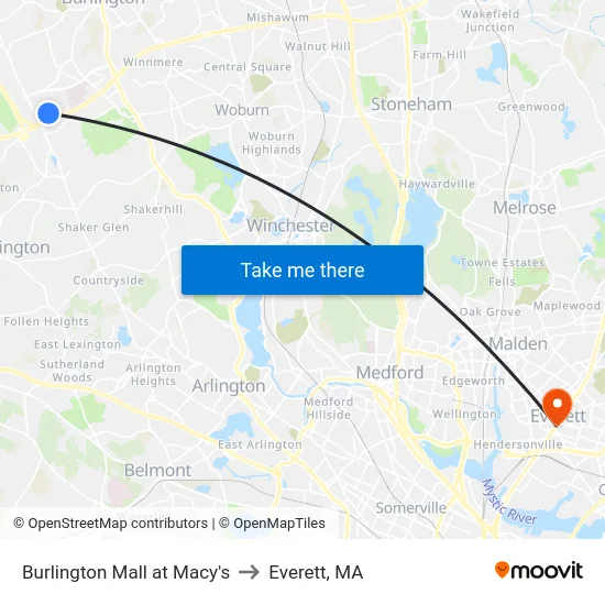 Burlington Mall at Macy's to Everett, MA map