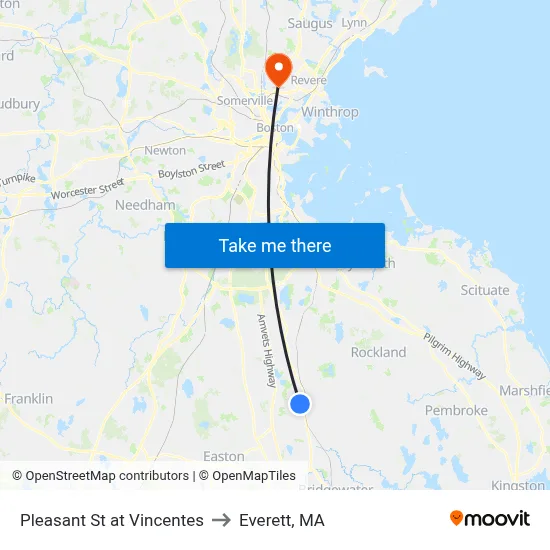 Pleasant St at Vincentes to Everett, MA map
