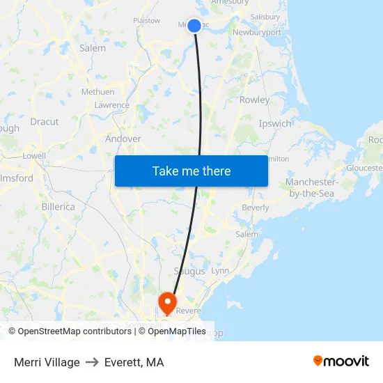 Merri Village to Everett, MA map