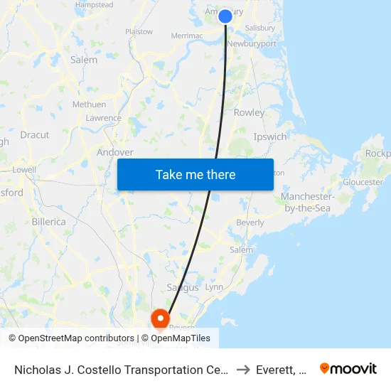 Nicholas J. Costello Transportation Center to Everett, MA map