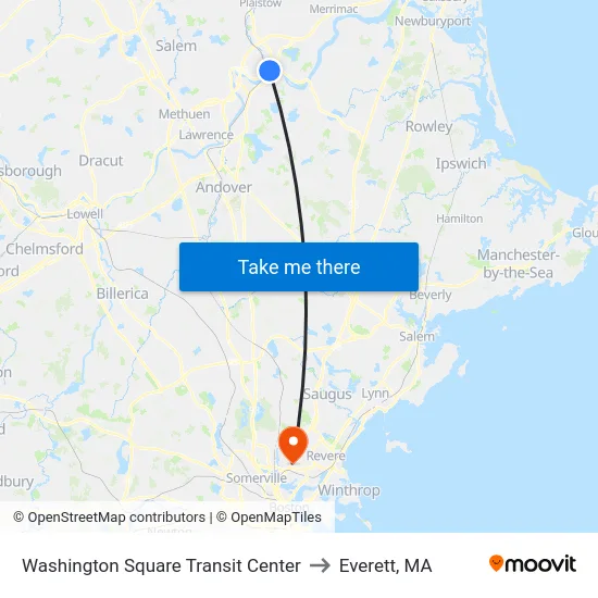 Washington Square Transit Center to Everett, MA map