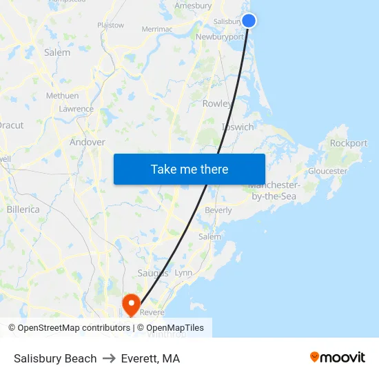 Salisbury Beach to Everett, MA map