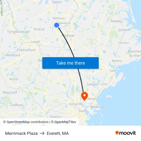 Merrimack Plaza to Everett, MA map